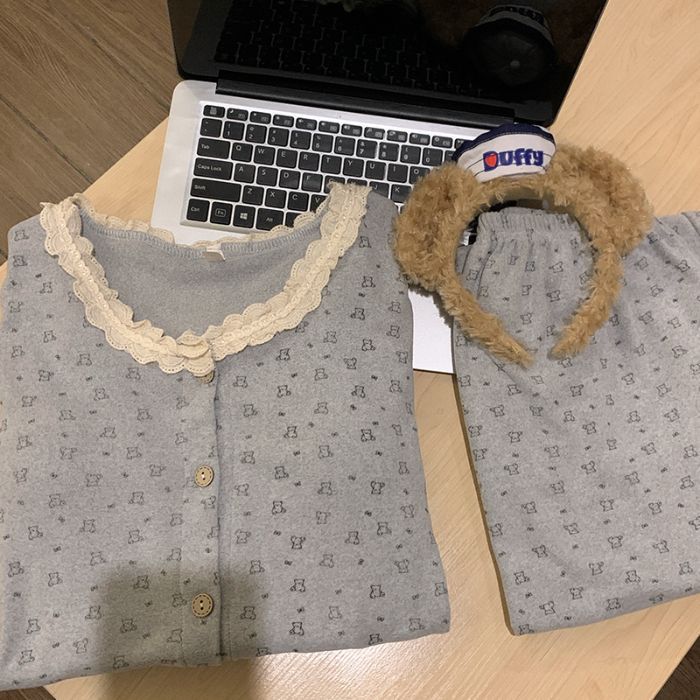 150小个子德绒睡衣秋冬季带胸垫一体长袖小熊加厚保暖家居服xxs码