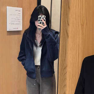 150cm小矮个子高街连帽短款卫衣秋季宽松薄款外套慵懒开衫上衣xxs