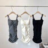 150cm小个子蕾丝拼接系带灰色无袖 背心裙简约百搭包臀连衣裙子xxs