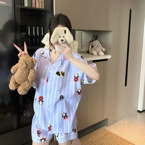 150cm矮小个子夏季睡衣可爱条纹印花可外穿家居服套装小款xs小码