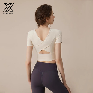 150cm小个子美背瑜伽服上衣健身衣普拉提运动套装短袖带胸垫xxs码
