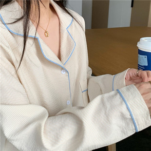 xxs加小码 145 150cm矮个子秋冬棉睡衣xs麻细条宽松撞色家居服套装