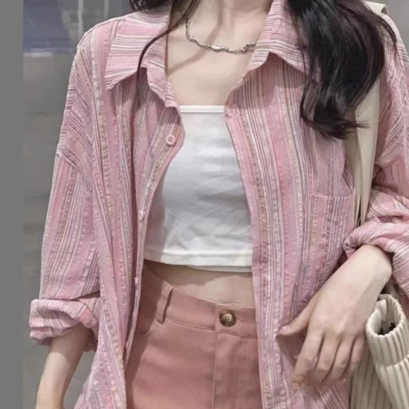 145/150cm矮个子早春粉色条纹衬衫外套女装高级感内搭上衣设计感