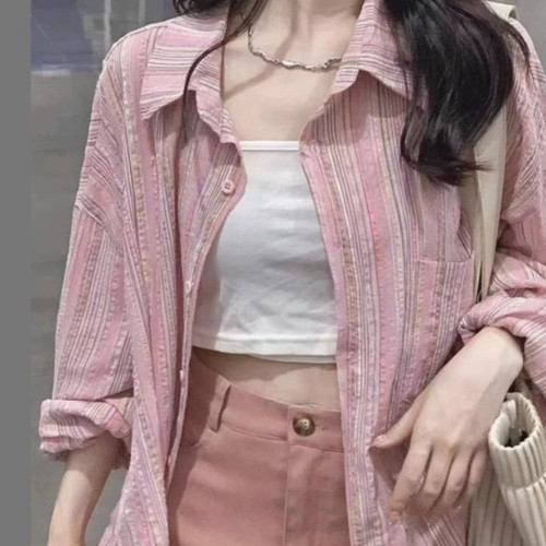 145/150cm矮个子早春粉色条纹衬衫外套女装高级感内搭上衣设计感