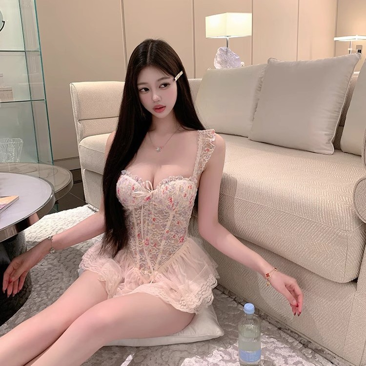 150cm小矮个子碎花鱼骨吊带聚拢胸衣网纱性感睡衣纯欲内搭xxs码