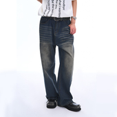 isness复古美式 男女水洗做旧阔腿裤 直筒裤 Cleanfit风简约牛仔裤