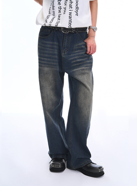 isness复古美式直筒裤Cleanfit风简约牛仔裤男女水洗做旧阔腿裤