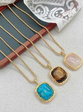 铜铸镀金方形不规则石头镶嵌项链