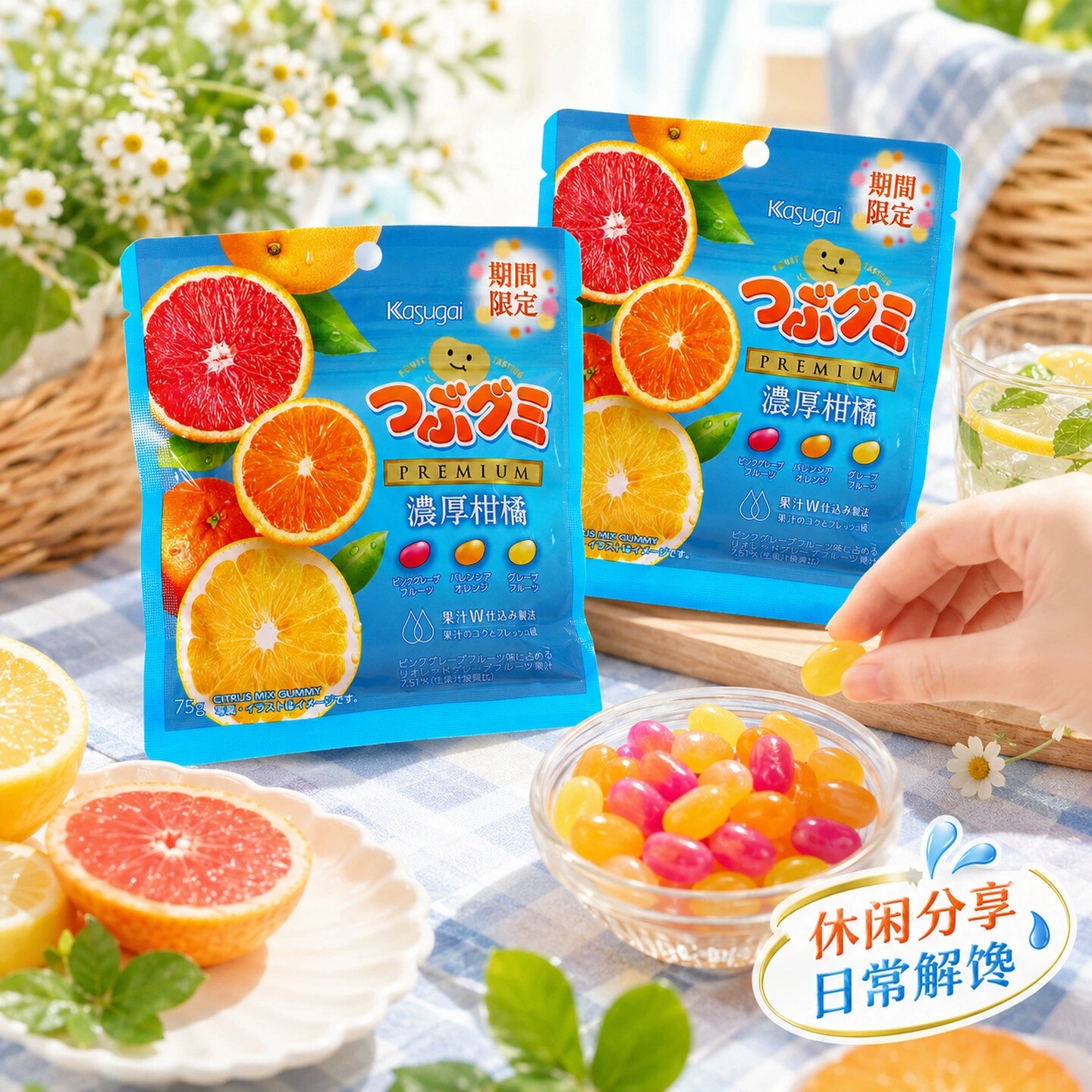 日本进口零食kasugai春日井浓郁柑橘味软糖休闲糖果期间限定75g