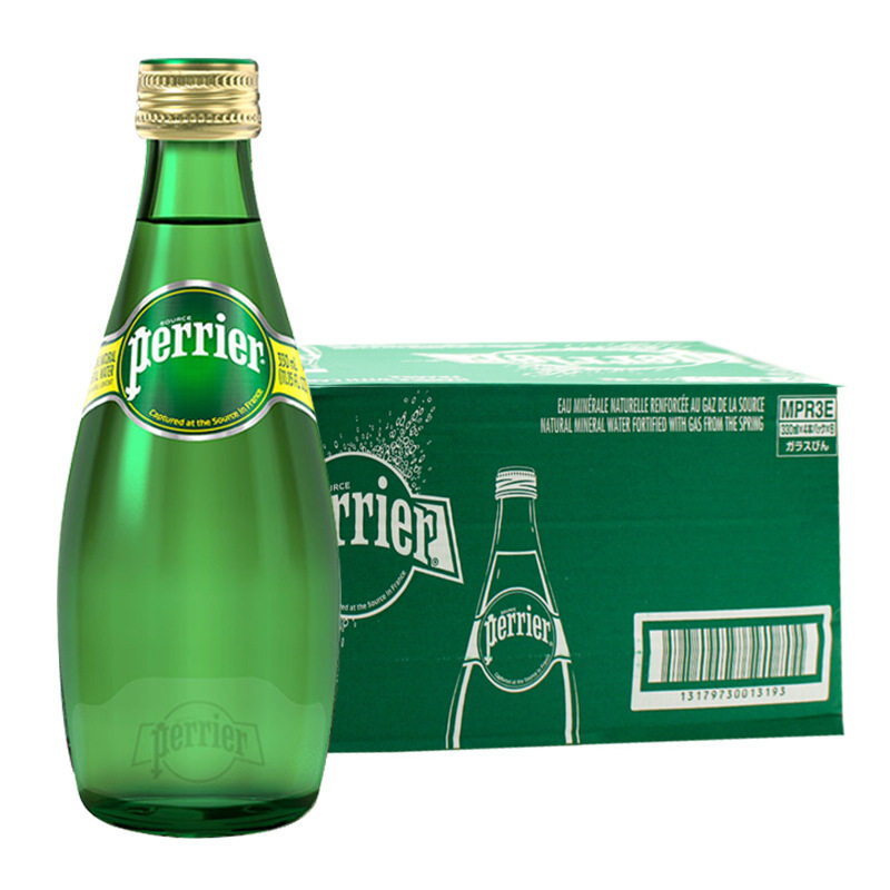 法国进口PERRIER巴黎含气天然矿泉水330ml*24瓶整箱原味气泡水