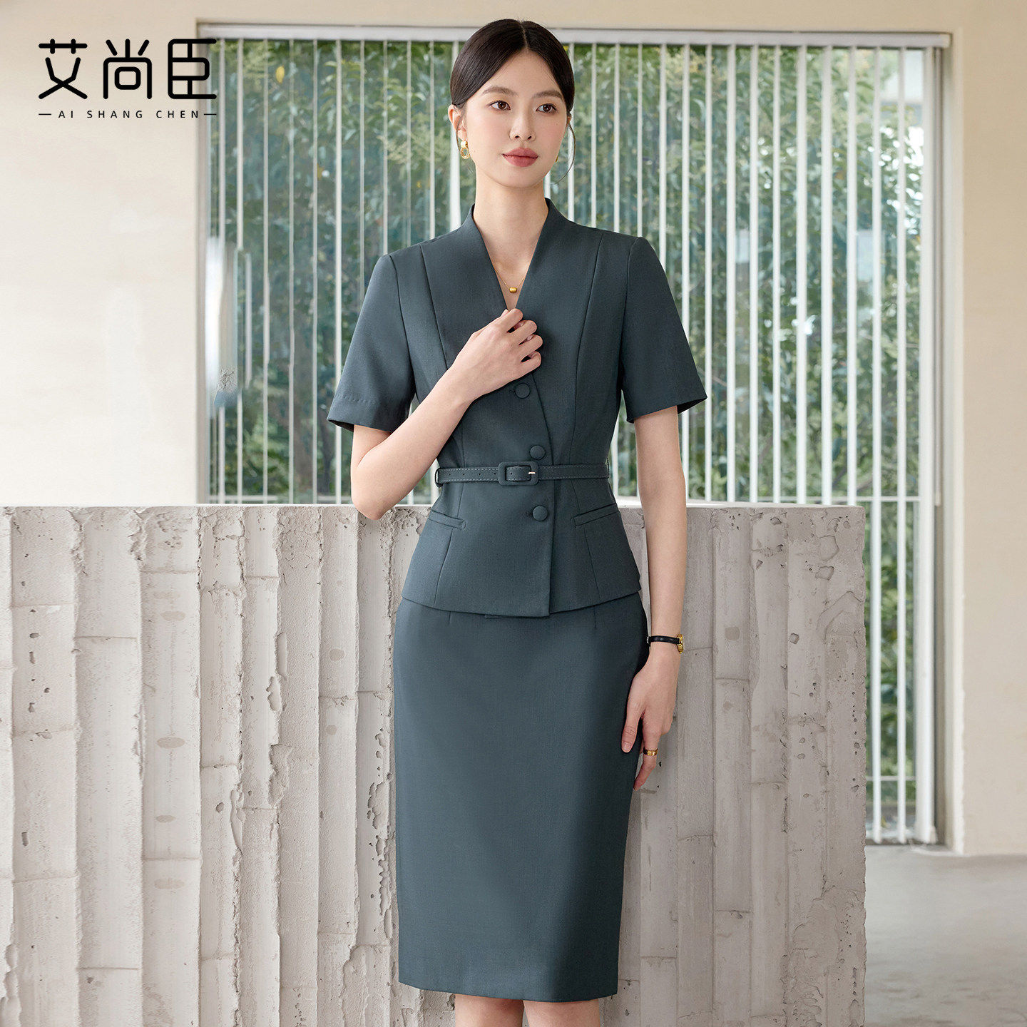 艾尚臣短袖西装套装裙女夏季空姐制服播音主持公司团队会议职业装