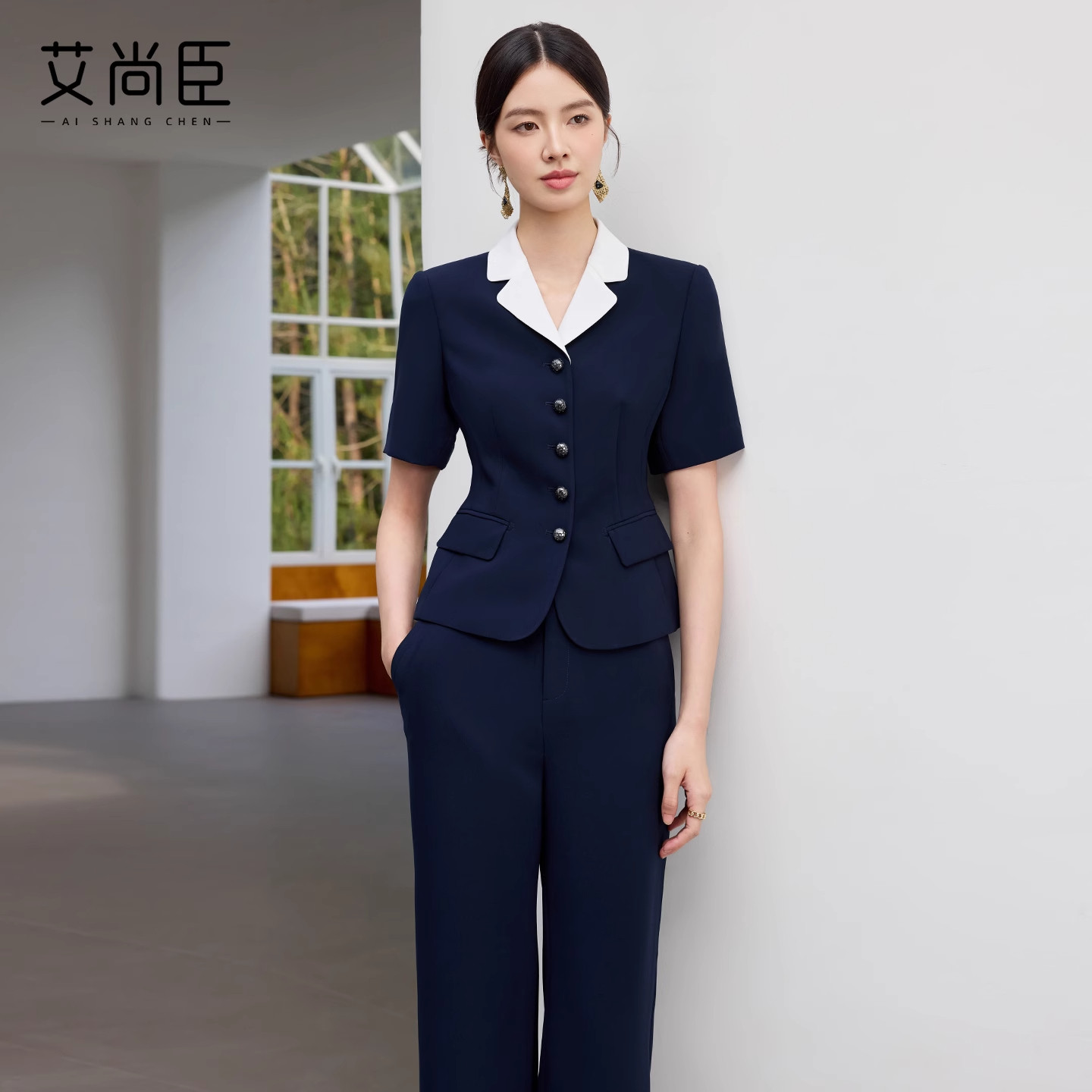 艾尚臣六福珠宝工作裤女夏西装短袖套装售楼部置业顾问销售职业装