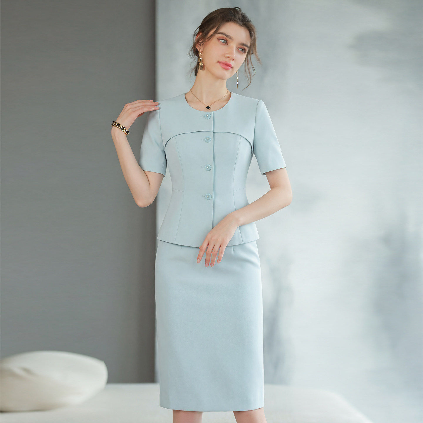 艾尚臣西装套装女夏短袖空姐制服播音主持白领上班通勤经理职业装