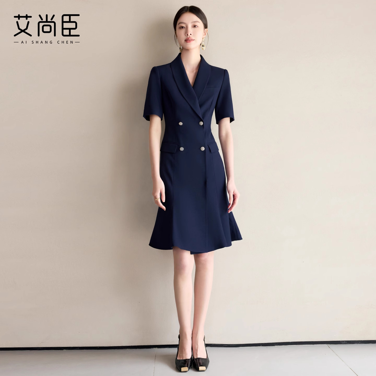 艾尚臣職業西装连衣裙女夏季旗重要场合舰六福珠宝店售楼部鱼尾裙