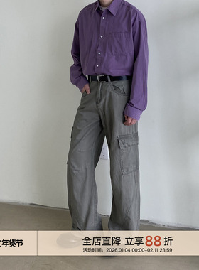 EMP Studio 成衣水洗美式复古纯棉休闲长袖衬衫男潮宽松叠穿衬衣