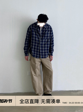 EMP Studio成衣水洗春秋复古宽松格子长袖衬衫男休闲纯棉叠穿衬衣