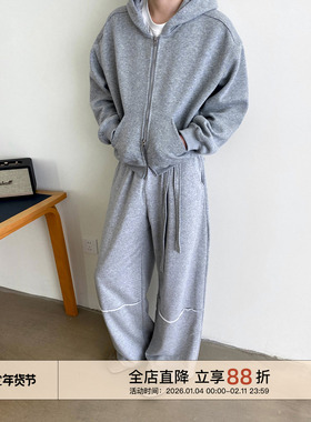 EMP Studio美式灰色抽绳直筒百搭针织卫裤男宽松阔腿垂感运动长裤