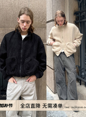 EMP 冬季复古立领保暖羊羔毛外套男女宽松你百搭短款毛绒开衫夹克