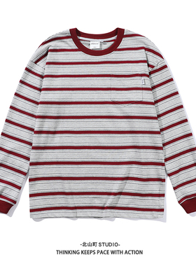 日系秋冬装男女款条纹圆领长袖打底衫运动休闲宽松卫衣上衣套头衫