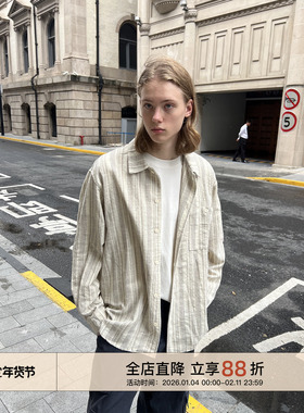 EMP 春秋美式复古宽松垂感棉麻条纹长袖衬衫男女Cleanfit休闲上衣