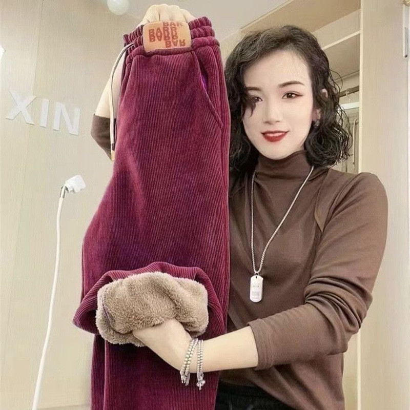 加绒加厚哈伦卫裤子女士秋冬季百搭大码宽松显瘦束脚高腰休闲长裤