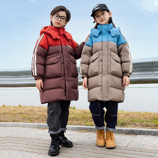 男童女童长款宽松羽绒服加厚粉红蓝黑色外套大童连帽棉袄衣棉服冬