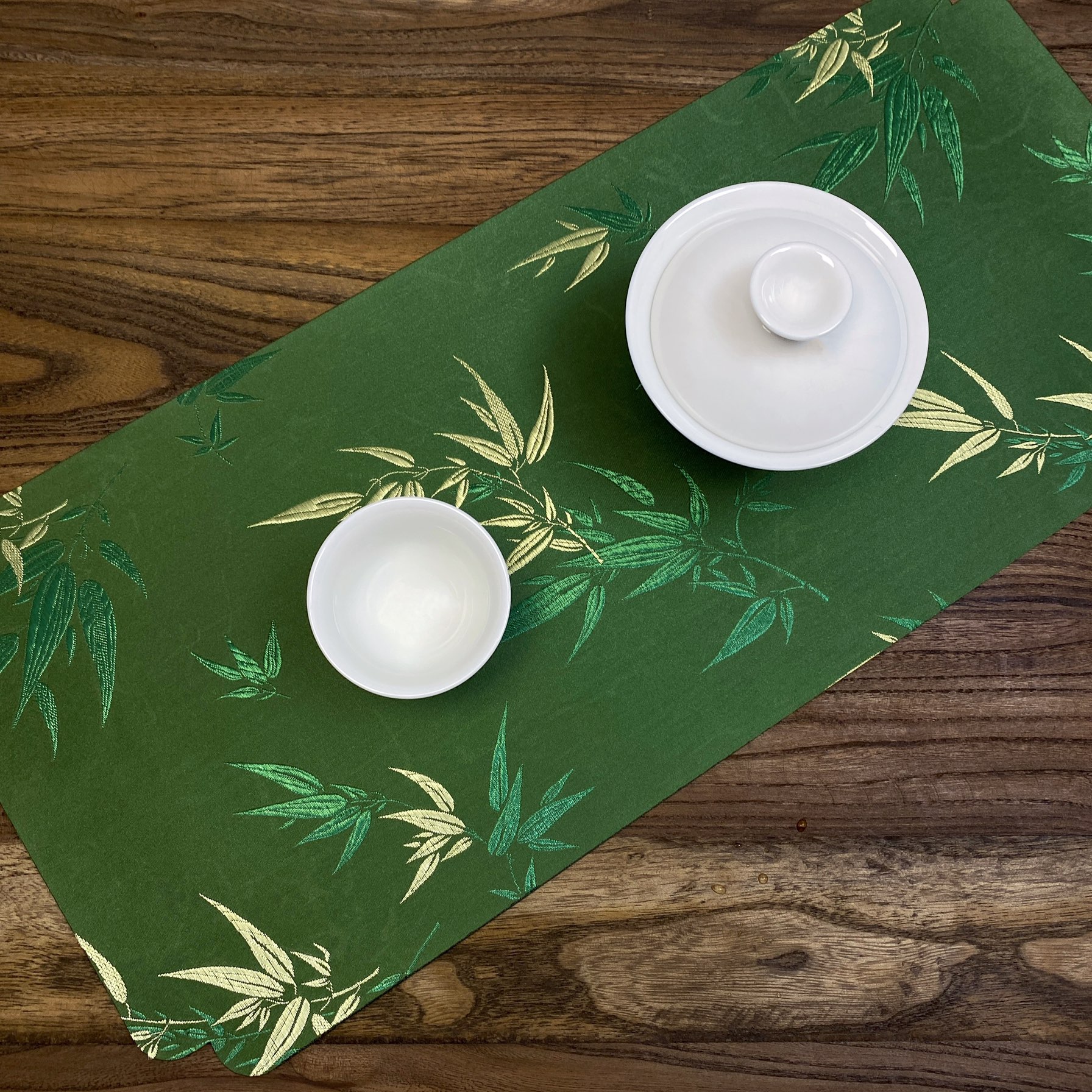 中式绿色干泡茶席双面防水禅意茶巾垫织锦缎刺绣竹子茶桌茶台垫子