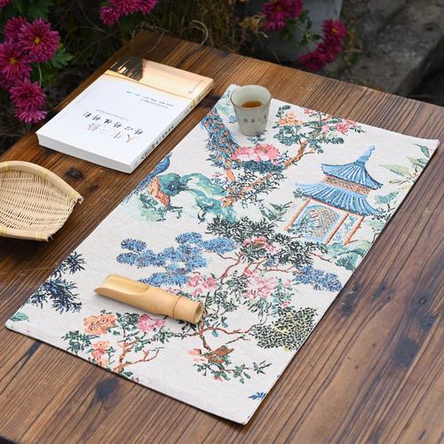 水榭亭台花卉小茶席轻奢布艺茶道垫子中式复古茶室茶桌垫茶道配件