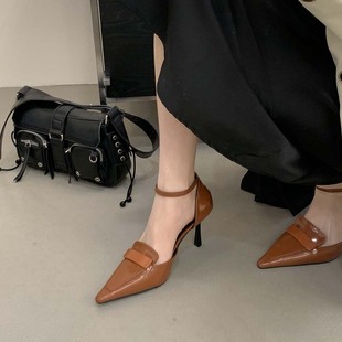 杨树林同款细跟尖头气质御姐高跟凉鞋女性感职业浅口漆皮中空单鞋