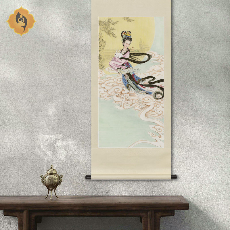 工笔中国古代神话人物嫦娥奔月画像水陆画玄关书房新中式卷轴挂画