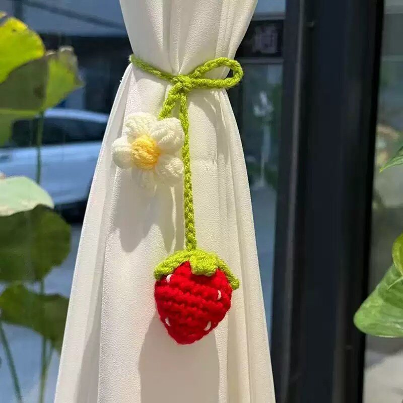 成品网红草莓花花车挂汽车后视镜手工编织窗帘绑绳创意可爱包挂件