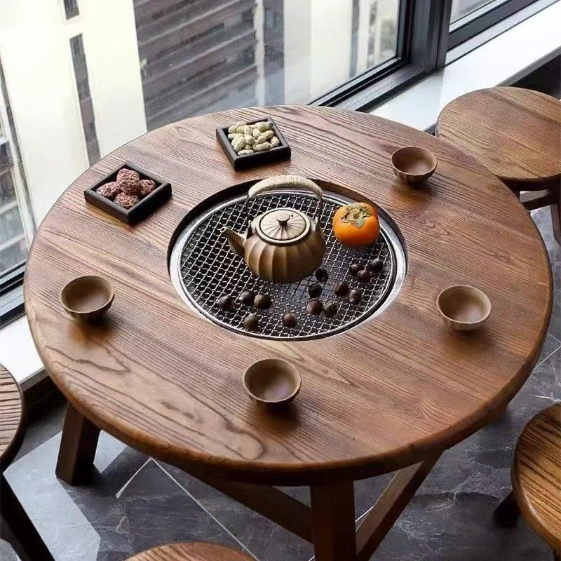 老榆木高档围炉煮茶冰茶全套桌子阳台庭院圆形实木茶几烧烤火锅桌,住宅家具,实木餐桌,淘宝优惠券,粉丝福利购,淘宝优惠卷