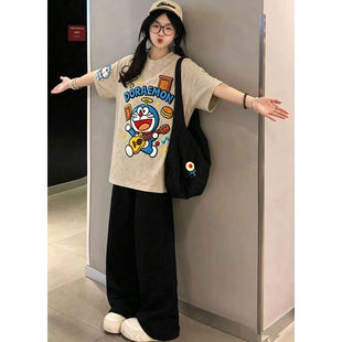 学院风时尚套装女夏季学生宽松圆领印花短袖九分阔腿裤休闲两件套