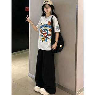 慵懒风休闲时尚套装女夏季少女学生宽松圆领短袖九分阔腿裤两件套