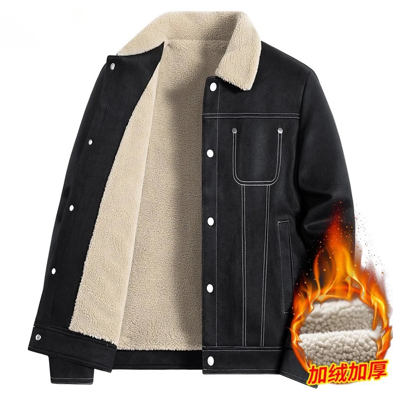 2025新款大码男士休闲夹克春秋季潮牌加绒百搭宽松加厚翻领外套男