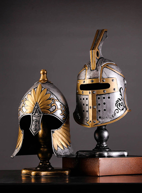 欧式复古铁艺头盔摆件战盔模型武士盔甲酒吧餐厅装饰品软装小道具