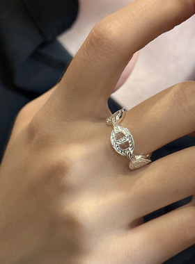 S925纯银日韩版猪鼻子戒指小众设计ins风简约纹理开口指环手饰品