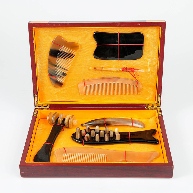 牛角梳按摩套装八件套 礼盒装工厂直销 头部经络按摩送礼实惠