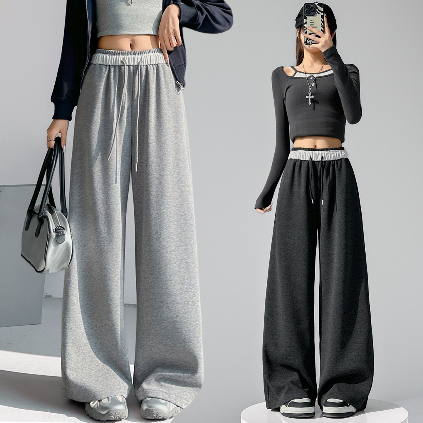 灰色美式慵懒阔腿裤女春季新款2026高腰显瘦垂感长裤宽松休闲裤子,女装/女士精品,卫裤,淘宝优惠券,粉丝福利购,淘宝优惠卷
