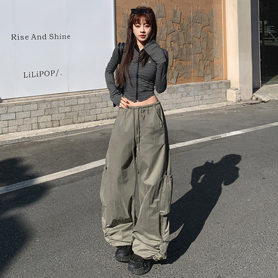 实拍户外高街甜辣宽松阔腿裤百搭显瘦大口袋工装裤抽绳裤ins潮