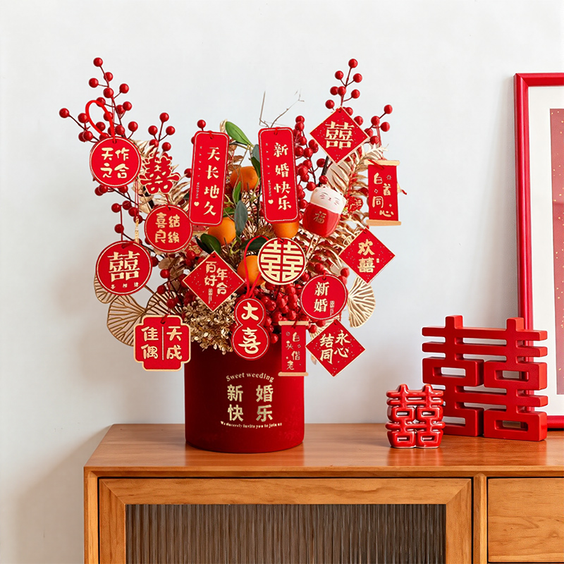 结婚订婚花束摆件挂饰喜字抱抱桶