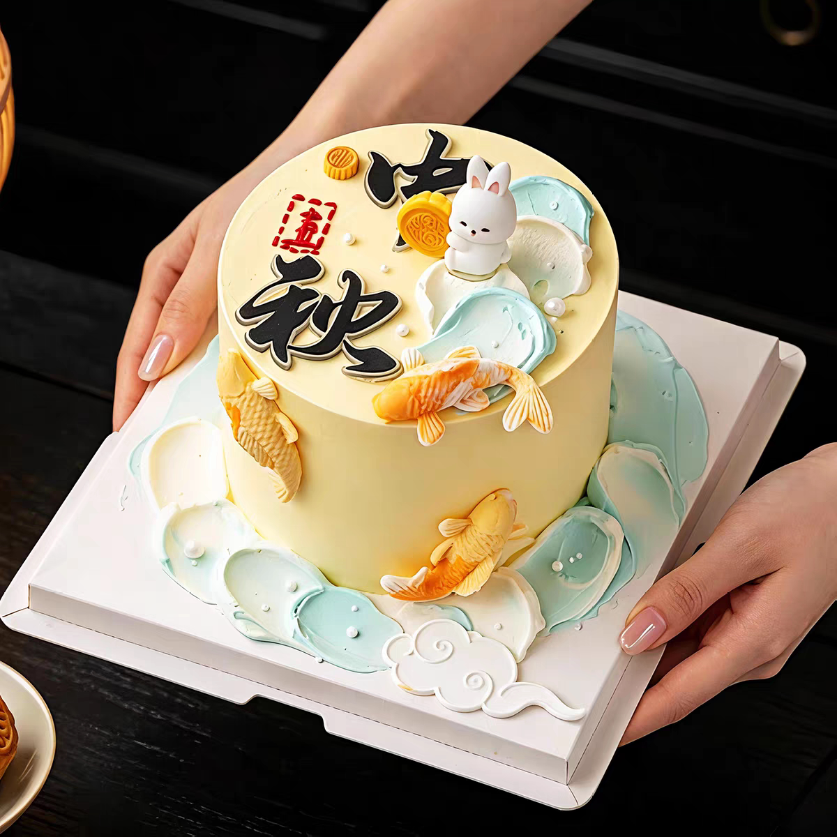 包邮网红中秋节可爱月饼小兔子插件锦鲤有鱼模具烘焙蛋糕装饰摆件
