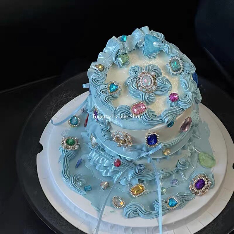 蓝色复古宝石蛋糕彩色钻石宝石水晶丝带女神生日派对烘焙摆件装扮