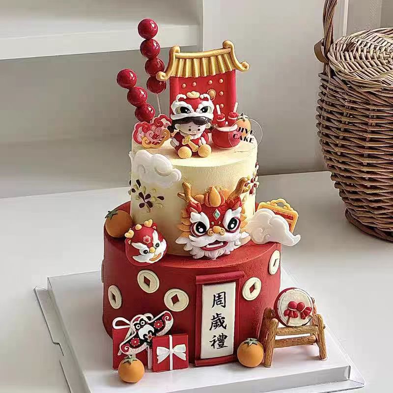 龙宝宝蛋糕装饰摆件算盘柿子烘焙装扮插件国潮新中式周岁礼舞狮