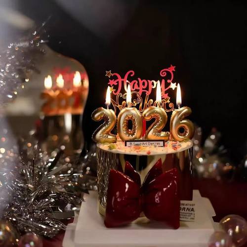 2026年金色围边数字蜡烛春节网红烘焙新年快乐蛋糕装饰插件蝴蝶结