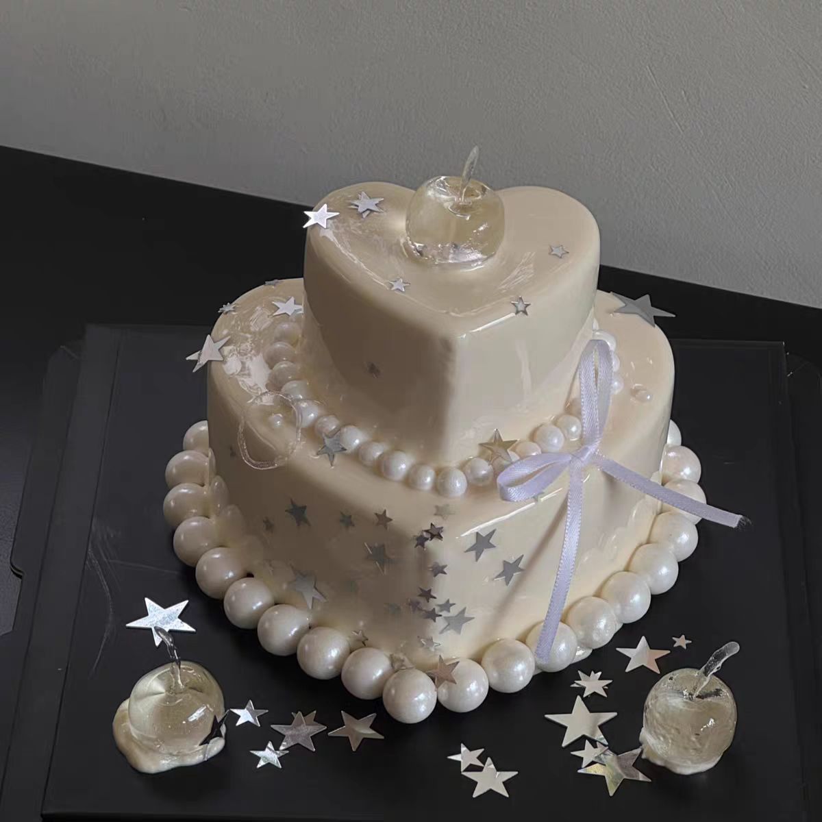 简约ins风银色亮片星星白色丝带女生生日装扮插件五角星蛋糕装饰
