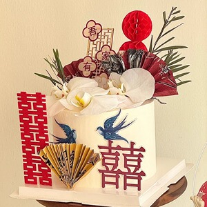 简约新中式结婚订婚蛋糕装饰喜字喜鹊蛋糕甜品装饰摆件甜品台装扮