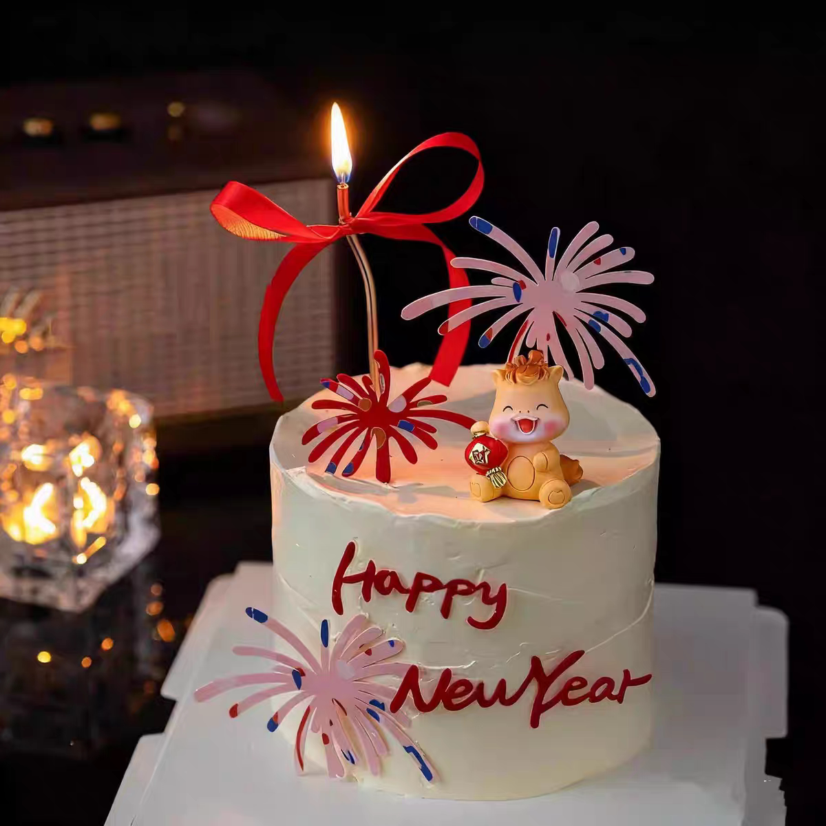 2026新年快乐蛋糕装饰马宝宝元旦跨年春节摆件亚克力礼花火花插牌