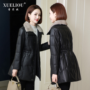 2025海宁新款头层绵羊皮羽绒服女中长款水貂毛领休闲保暖皮衣外套