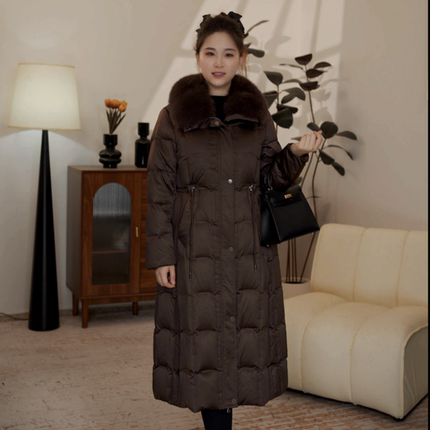 长款鹅绒服狐狸毛领女白鹅绒外套高端大翻领羽绒服